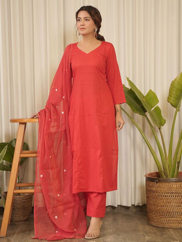 Red Cotton Suit- Set of 3