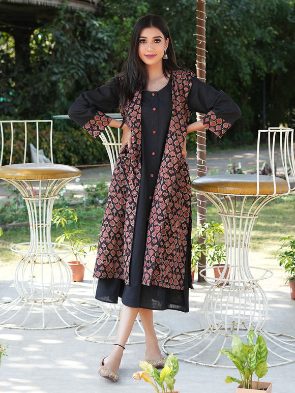 Black Ajrakh Hand Block Printed Cotton Dress with Jacket - Set of 2