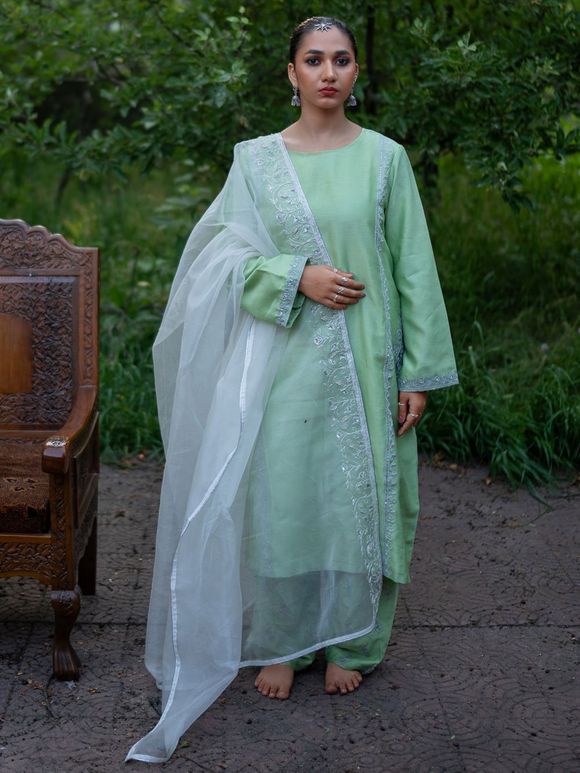 Light Green Embroidered Chanderi Silk Suit - Set of 3
