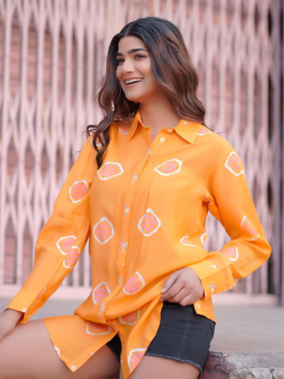 Orange Hand Block Printed Muslin Embroidered Shirt