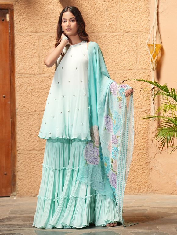 Turquoise Blue Omber Georgette Embroidered Gharara Suit- Set of 3