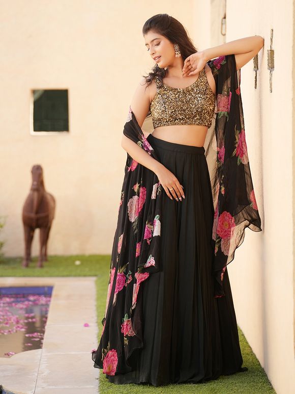 Black Sequins Work Georgette Blouse with Cape and Lehenga- Set of 3