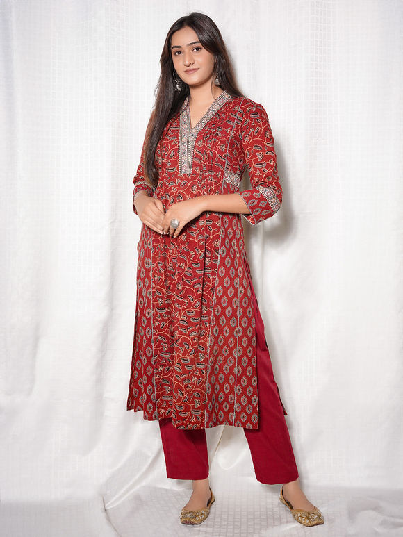 Red Ajrakh Hand Block Printed Cotton Embroidered Kurta with Pants- Set of 2