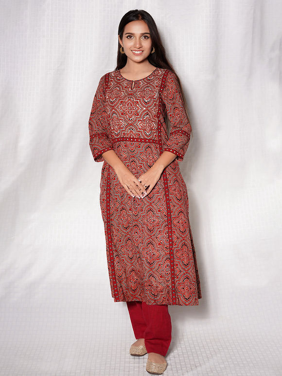 Red Ajrakh Hand Block Printed Cotton Embroidered Kurta with Pants- Set of 2