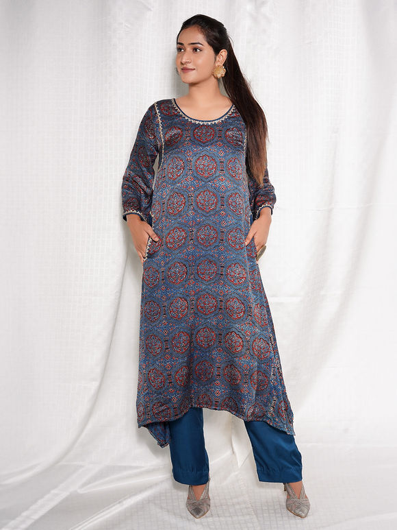Blue Ajrakh Hand Block Printed Modal Silk Embroidered Kurta with Pants- Set of 2