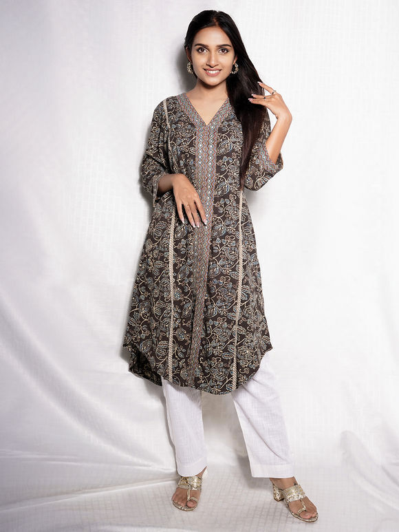 Grey Ajrakh Hand Block Printed Cotton Embroidered Kurta with Pants- Set of 2