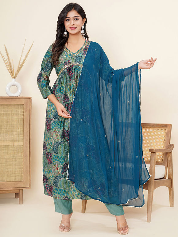 Green Printed Modal Suit - Set of 3
