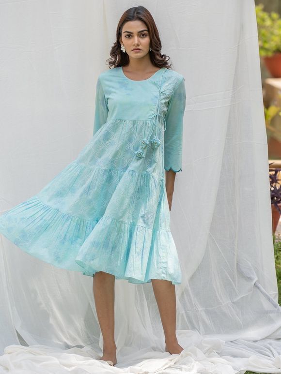 Sea Green Tie and Dye Cotton Embroidered Angrakha Tiered Dress