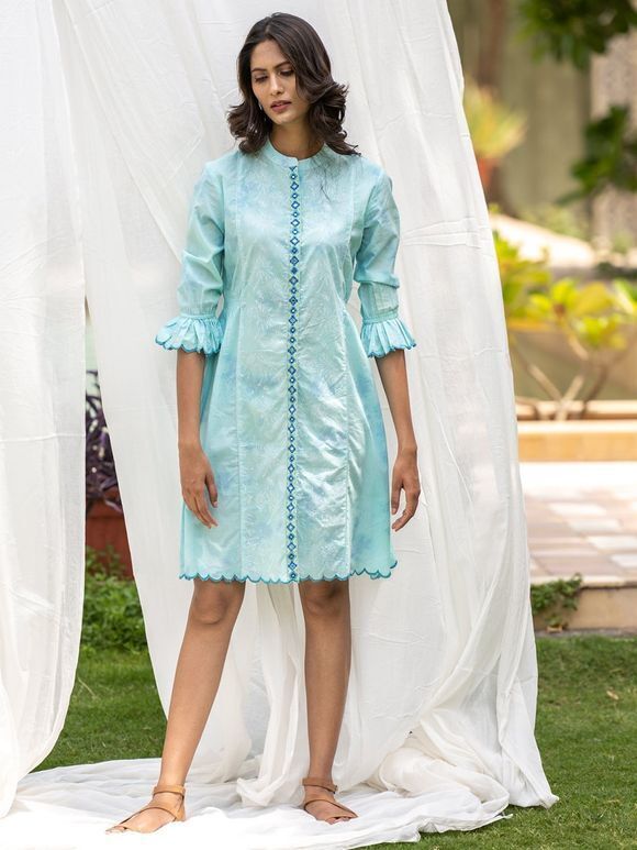 Sea Green Tie and Dye Cotton Embroidered Shirt Dress