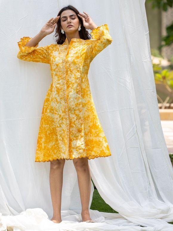 Yellow Tie and Dye Cotton Embroidered Shirt Dress