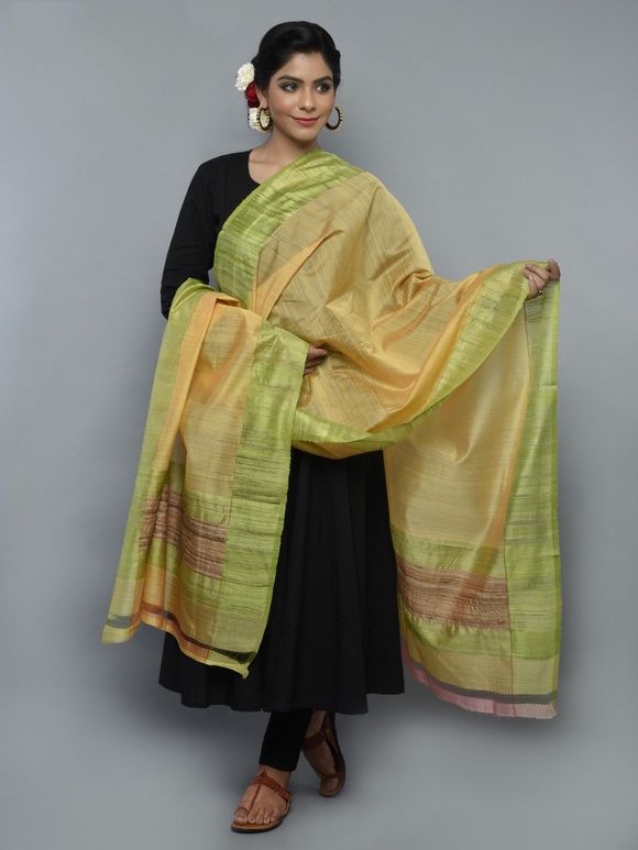 Yellow Green Kora Cotton Handwoven Banarasi Dupatta