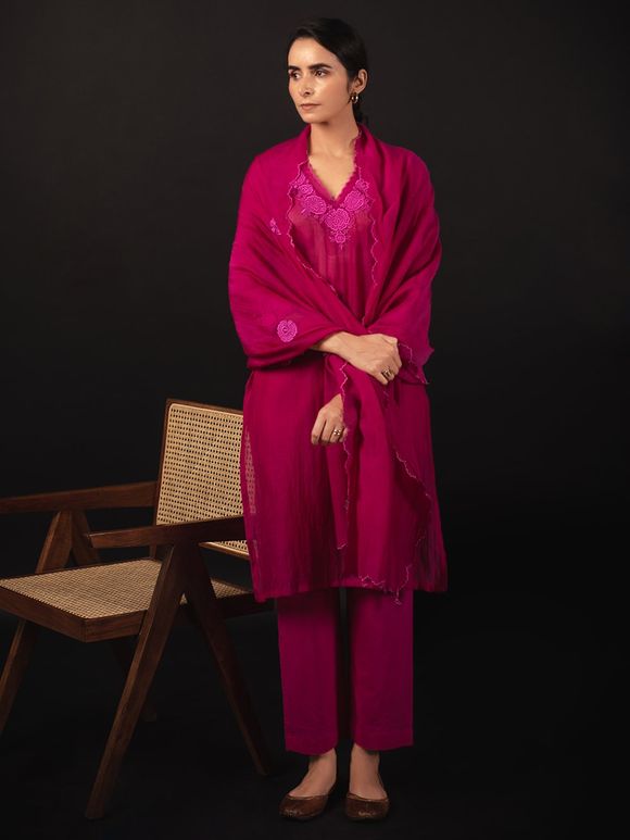 Pink Embroidered Handloom Chanderi Suit - Set of 3
