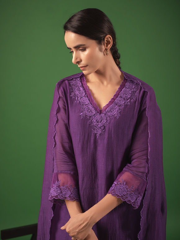 Purple Embroidered Handloom Chanderi Suit - Set of 3