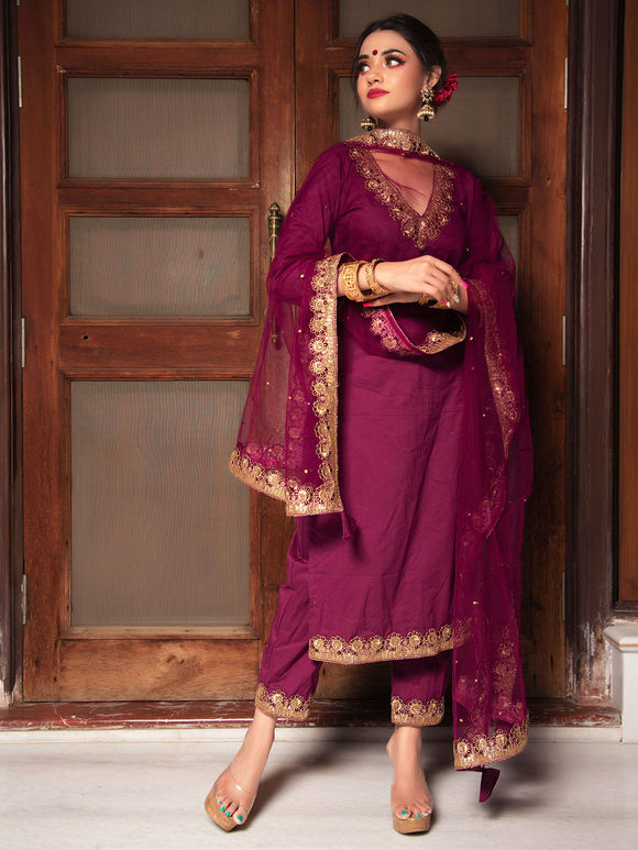 Anaari Colour Pure Cotton Office Wear Suit with Sleek Hand embroidery work on Neck
