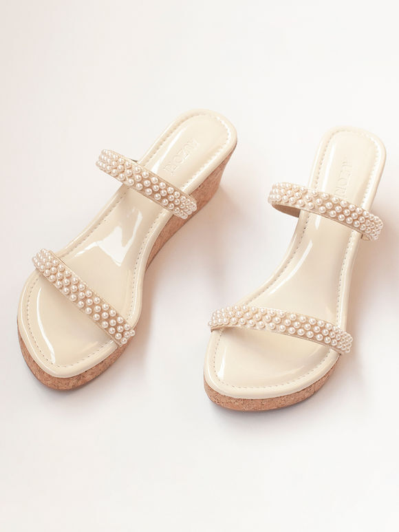 Cream Embroidered Faux Leather Wedges