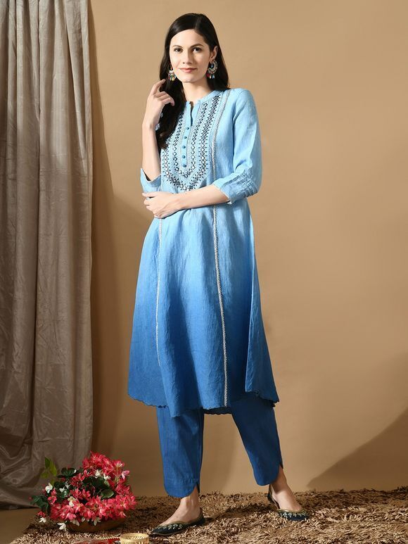 Blue Ombre Embroidered Linen Kurta with Pants- Set of 2