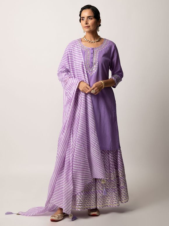 Purple Gota Patti Work Cotton Lurex Kurta with Striped Sharara and Mulmul Leheriya Dupatta - Set of 3