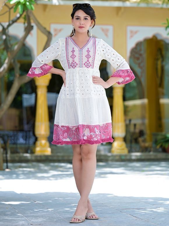 White Pink Schiffli Embroidered Cotton Dress