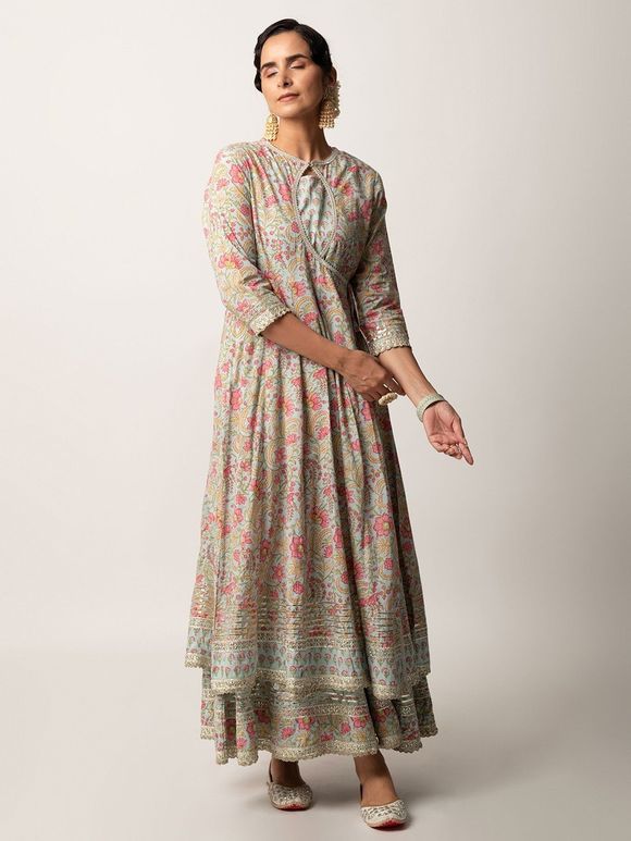 Grey Hand Block Printed Cotton Kalidar Dress with Inner