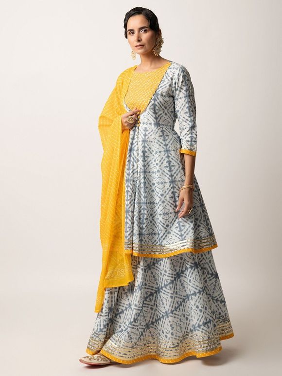 Grey Tie and Dye Printed Cotton Sequins Work Kurta with Skirt and Yellow Mulmul Leheriya Dupatta - Set of 3
