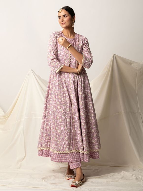 Lavender Printed Cotton Kurta with Sequins Work Inner