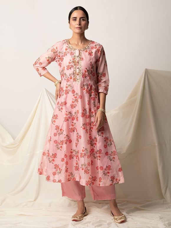 Pink Printed Chanderi Silk Aari Embroidered A-Line Kurta