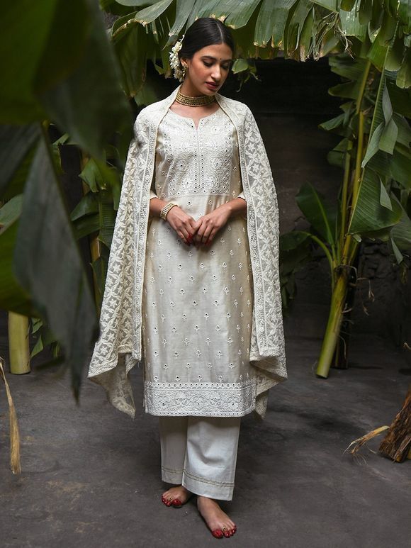 Off White Embroidered Chanderi Kurta with Cotton Pants and Chiffon Dupatta - Set of 3