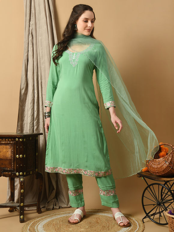 Mint Green Embroidered Viscose Modal Suit - Set of 3