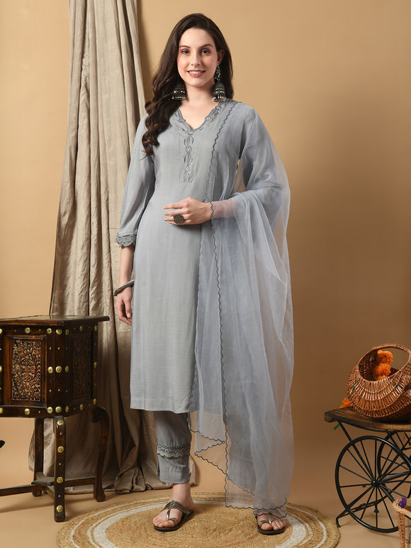 Grey Zari Embroidered Viscose Modal Suit - Set of 3