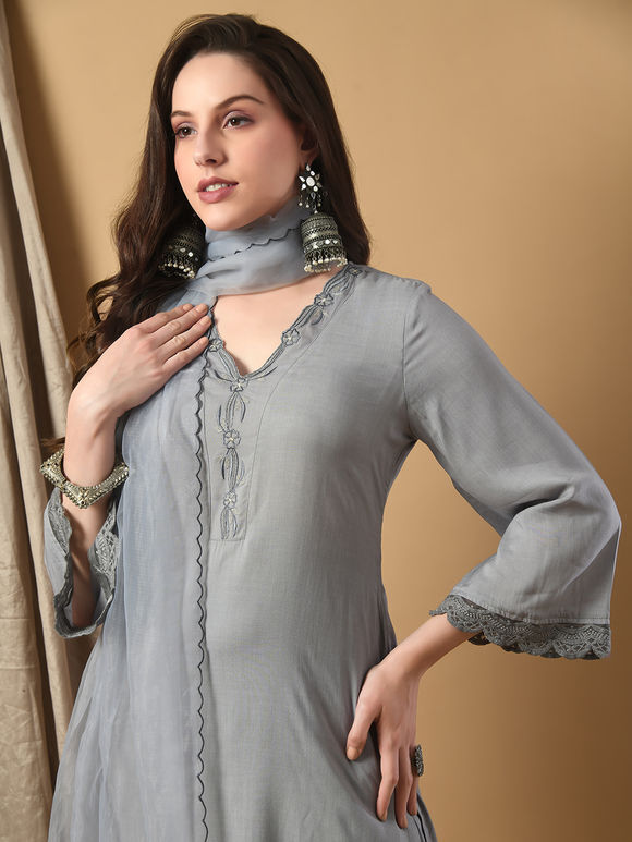 Grey Zari Embroidered Viscose Modal Suit - Set of 3