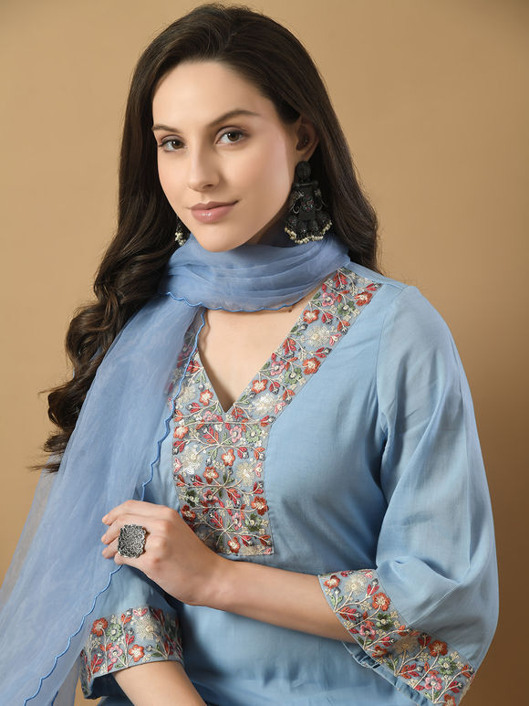 Powder Blue Embroidered Viscose Modal Suit - Set of 3