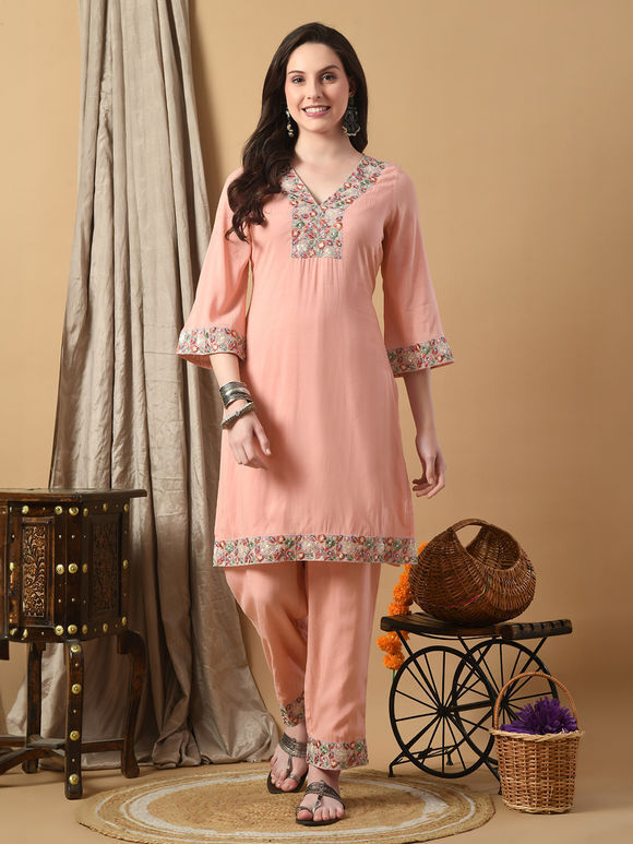 Peach Embroidered Viscose Modal Suit - Set of 3
