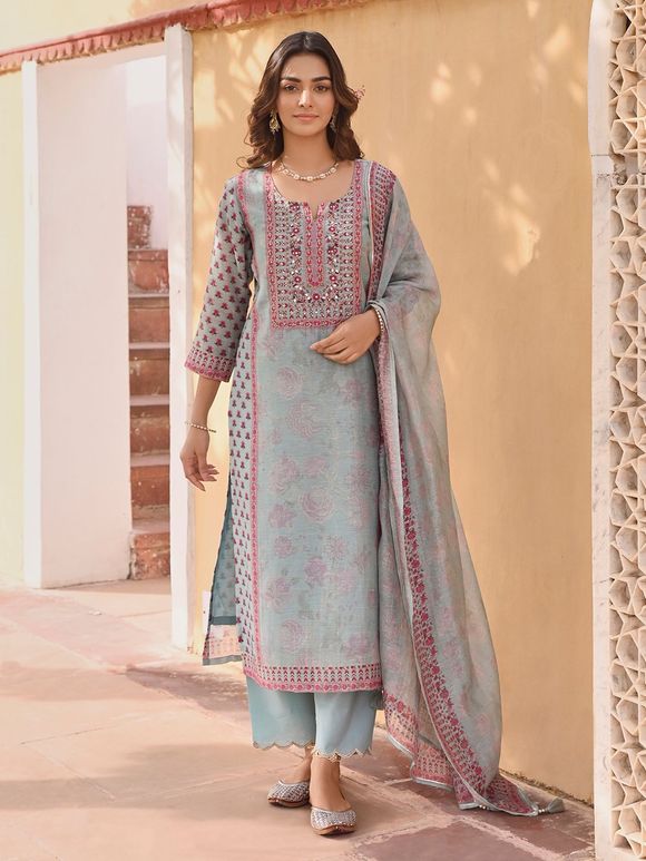 Powder Blue Printed Linen Embroidered Suit - Set of 3