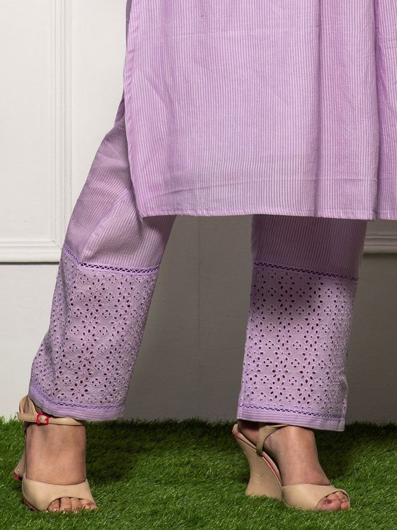 Purple Schiffli Embroidered Cotton Striped Pants