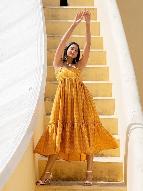 Yellow Kantha Cotton Tiered Dress