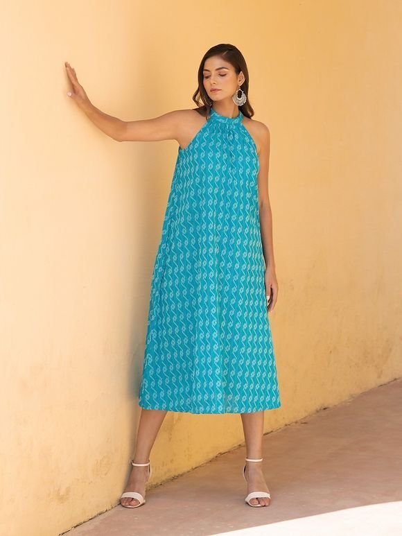 Blue Kantha Cotton Halter Dress