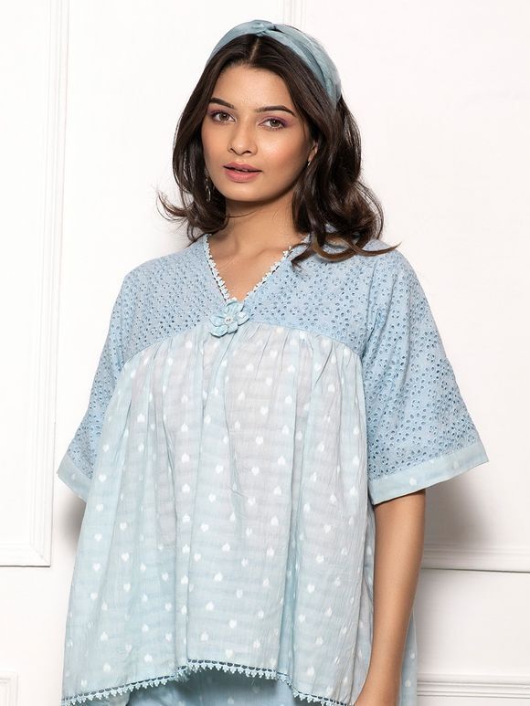 Sky Blue Schiffli Embroidered Cotton Printed Top