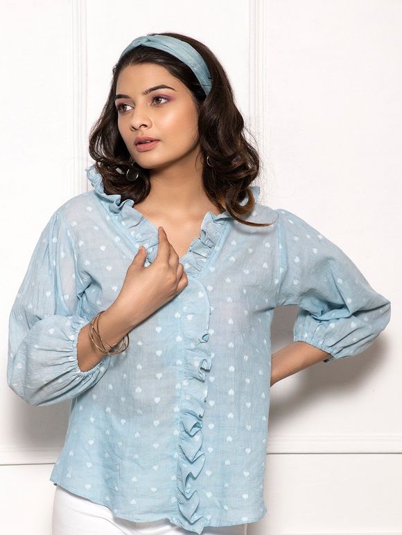 Sky Blue Printed Cotton Ruffled Top