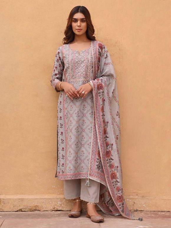 Grey Printed Linen Embroidered Suit - Set of 3