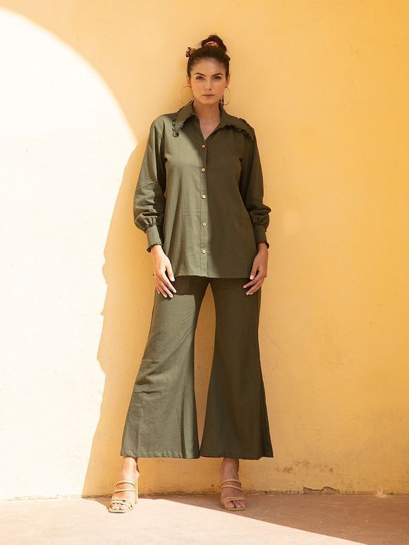 Olive Green Cotton Shirt with Palazzo- Set of 2