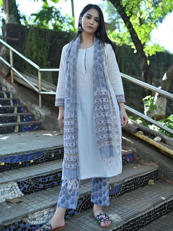 White Blue Hand Block Printed Cotton Suit - Set of 3