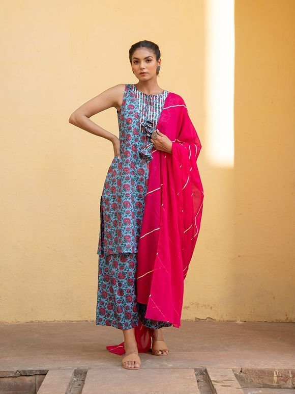 Blue Hand Block Printed Cotton Suit with Pink Gota Dupatta - Set of 3