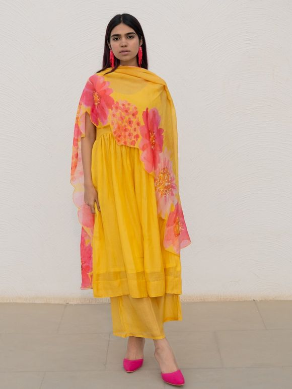 Yellow Printed Chanderi Suit- Set of 3