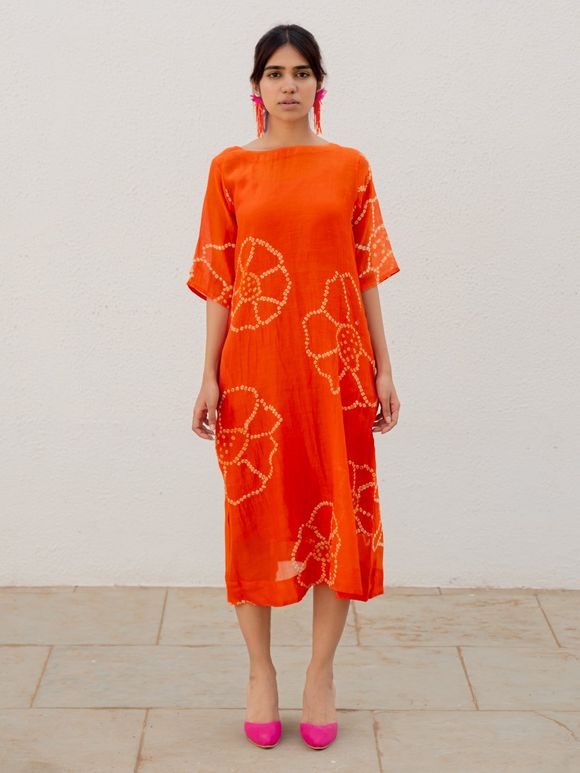 Orange Bandhani Chanderi Dress with Slip