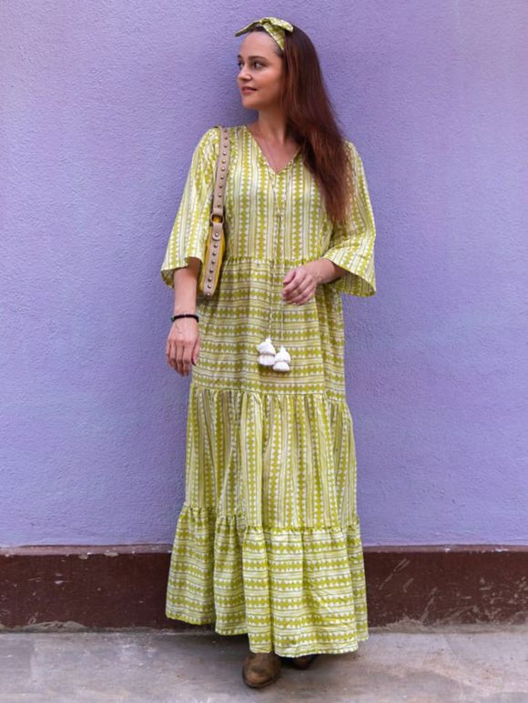 Lime Green Hand Block Printed Cotton Dress