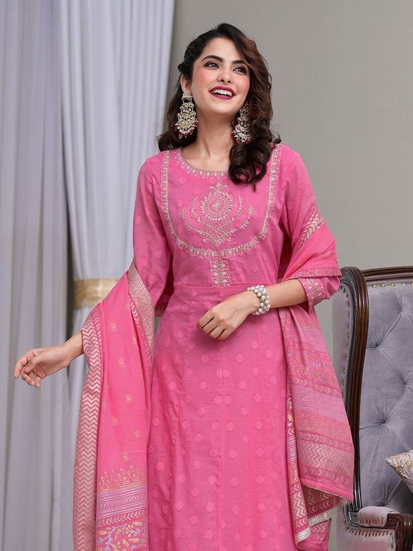 Pink Zari Embroidered Cotton Dobby Anarkali Suit with Printed Dupatta- Set of 3