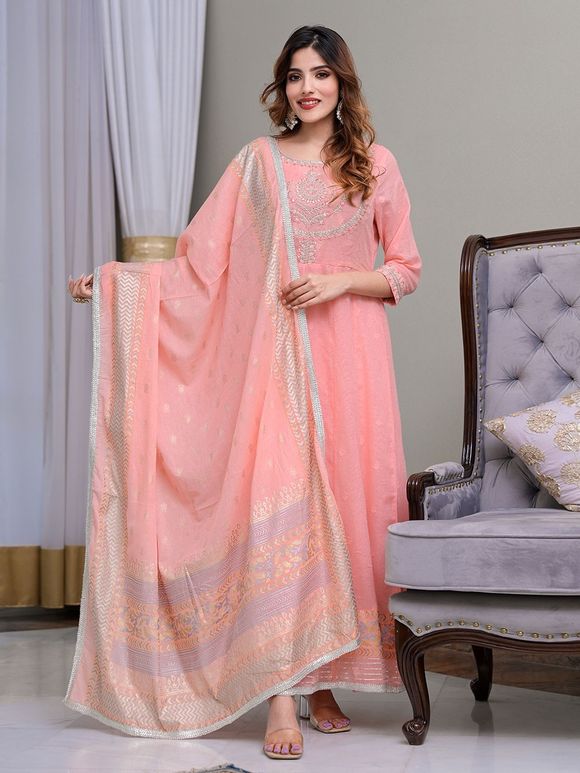 Peach Zari Embroidered Cotton Dobby Anarkali Suit with Printed Dupatta- Set of 3