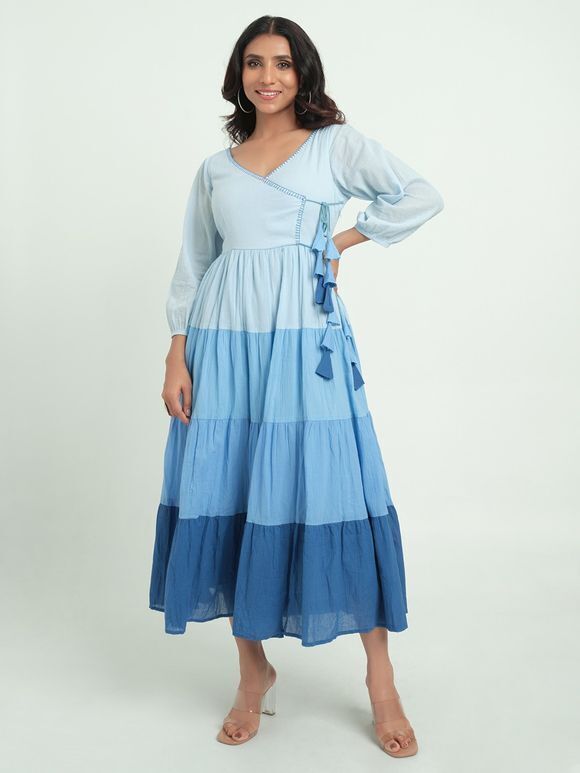 Blue Ombre Cotton Crepe Layered Dress
