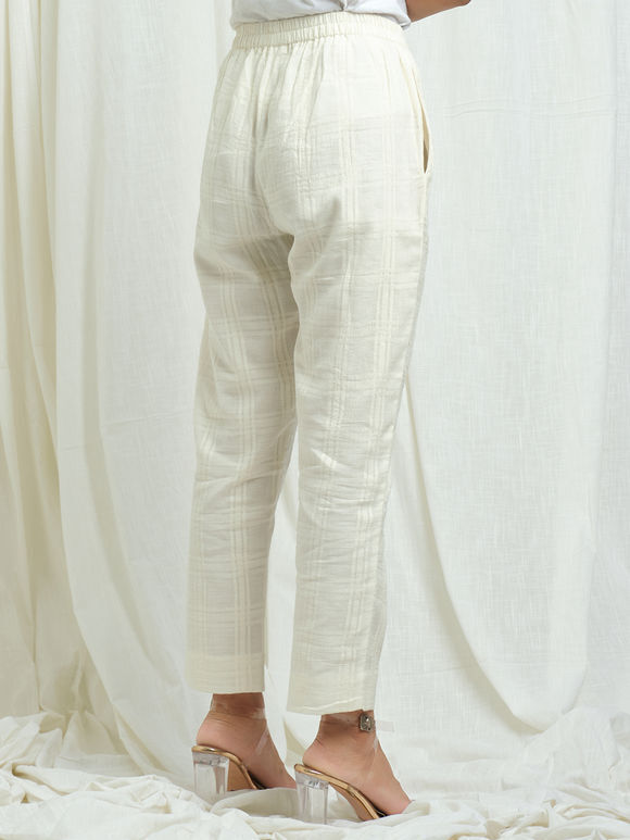 White Checkered Cotton Dobby Pants