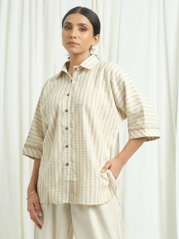 Ivory Checkered Cotton Blend Shirt
